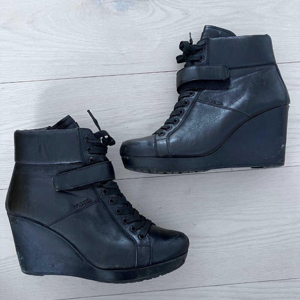 Prada Wedge Leather Booties in Black ( 40 )